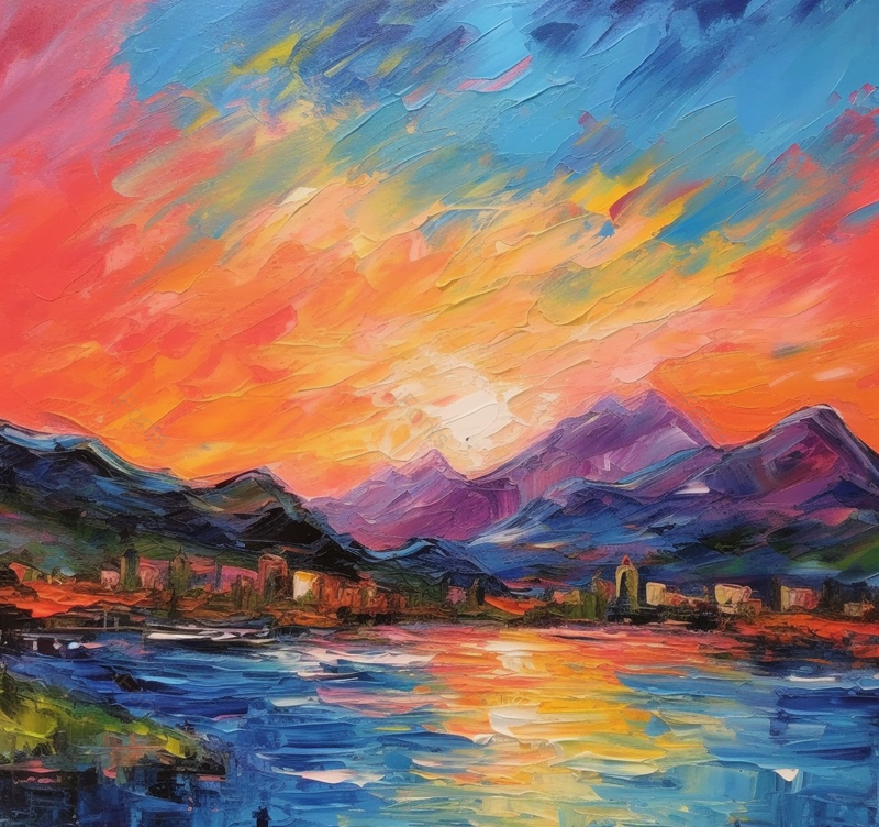 蓝色红色黄昏自然湖泊山脉抽象绘画背景,插画/手绘图,插画/手绘图库,插画/手绘图下载,插画/手绘